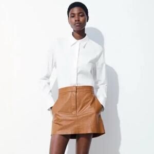 Cos Atelier Cognac Brown Basket Weave Embossed Leather Mini Skirt 10 NWT $390